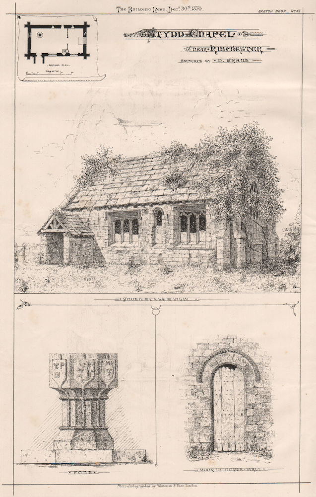 Stydd Chapel near Ribchester, sketched by D. Grant. Lancashire 1870 old print